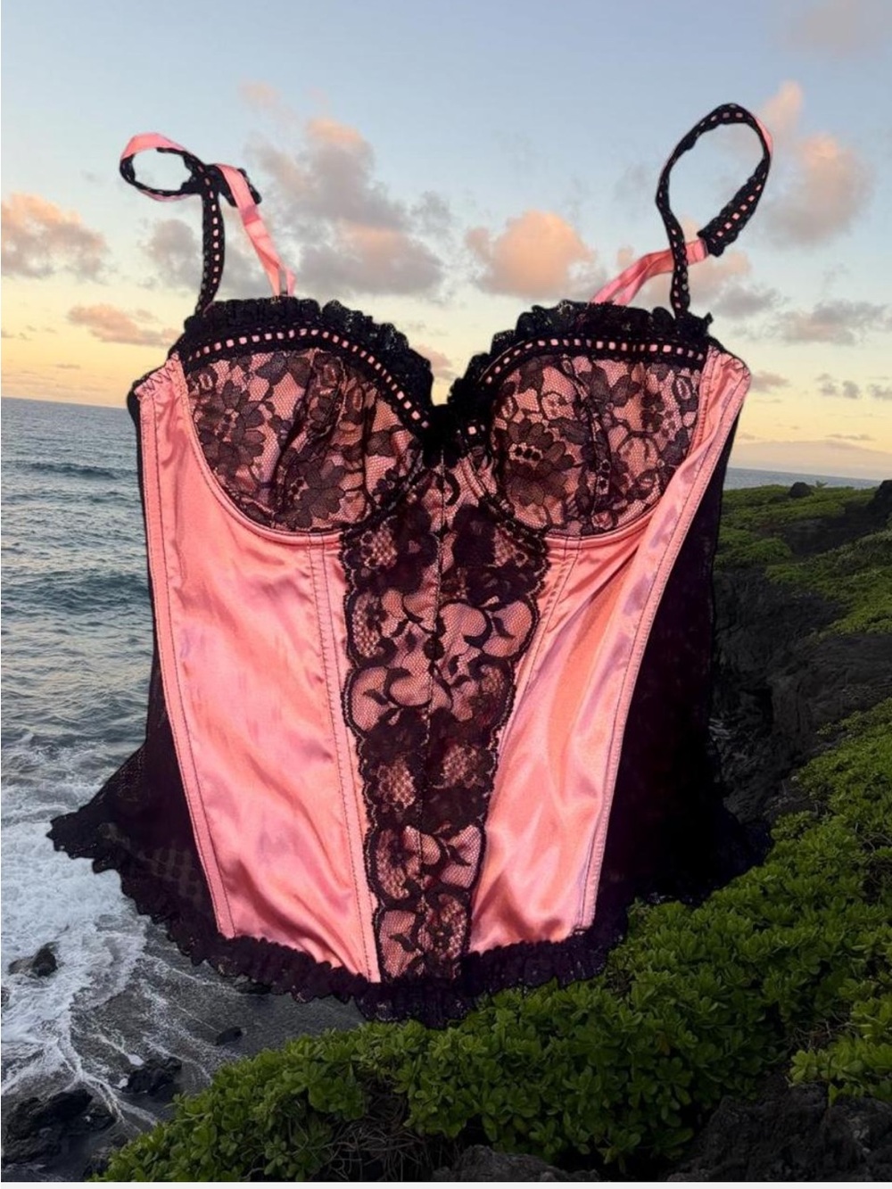 Fredericks of Hollywood Medium Pink Satin & Black Lace Bustier Corset - Women